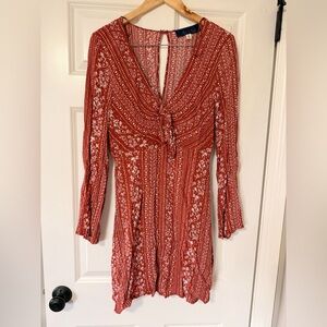 Rust Red Floral Long Sleeve Dress